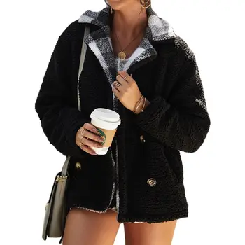 

2019 Winter Women Fleece Fluffy Jacket Revere Collar Double-Breasted Warm Thicken Oversized Pocket Jackets Ladies Warm Coat
