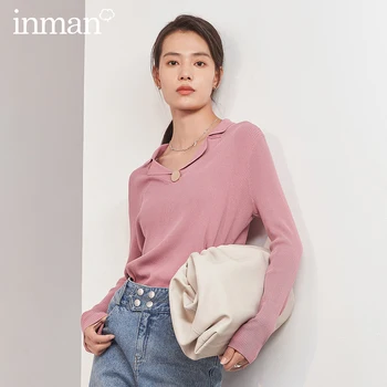

INMAN 2020 Spring New Arrival Literary Lapel Temperament Metal Buckle Loose Long Sleeve Sweater