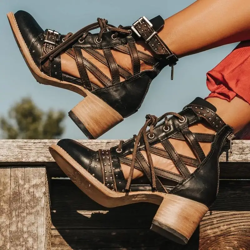 

women ankle boots high heels pumps chaussure vintage PU leather lace up cut out sandals shoes woman zapatos mujer sapato HP2291