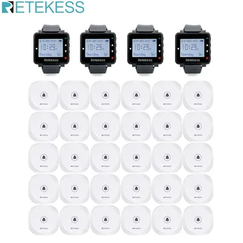 

Retekess T128 Restaurant Pager Wireless Waiter Calling System 4 Watch Receiver + 30pcs TD017 Call Button For Cafe Bar Clinic