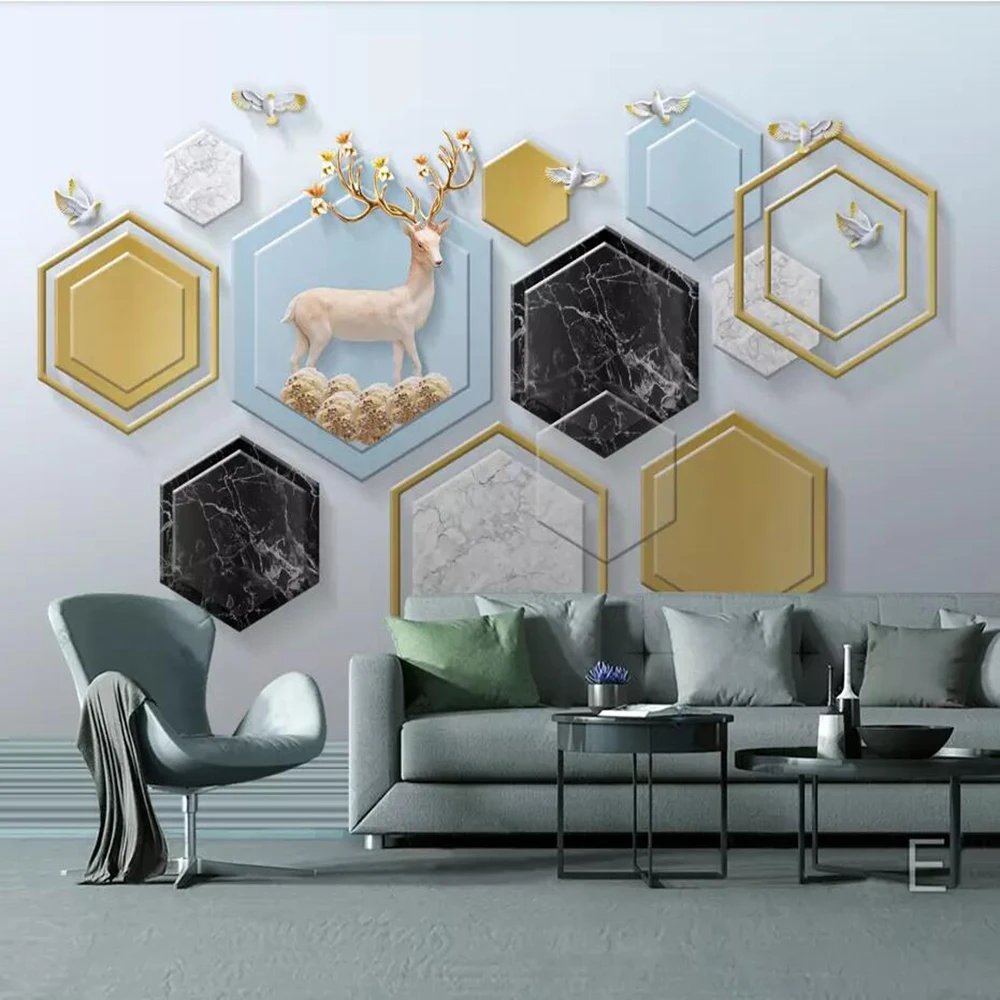 

Drop Shipping Custom 3D Wallpaper Mural 3d Modern Minimalist Geometric Marble Elk Fortune Tree Wall Decoration Wallpaper