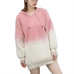 Женские свитшоты градиентного цвета, Длинная толстовка, свободный милый пуловер с капюшоном, негабаритный кавайный плотный свитер для