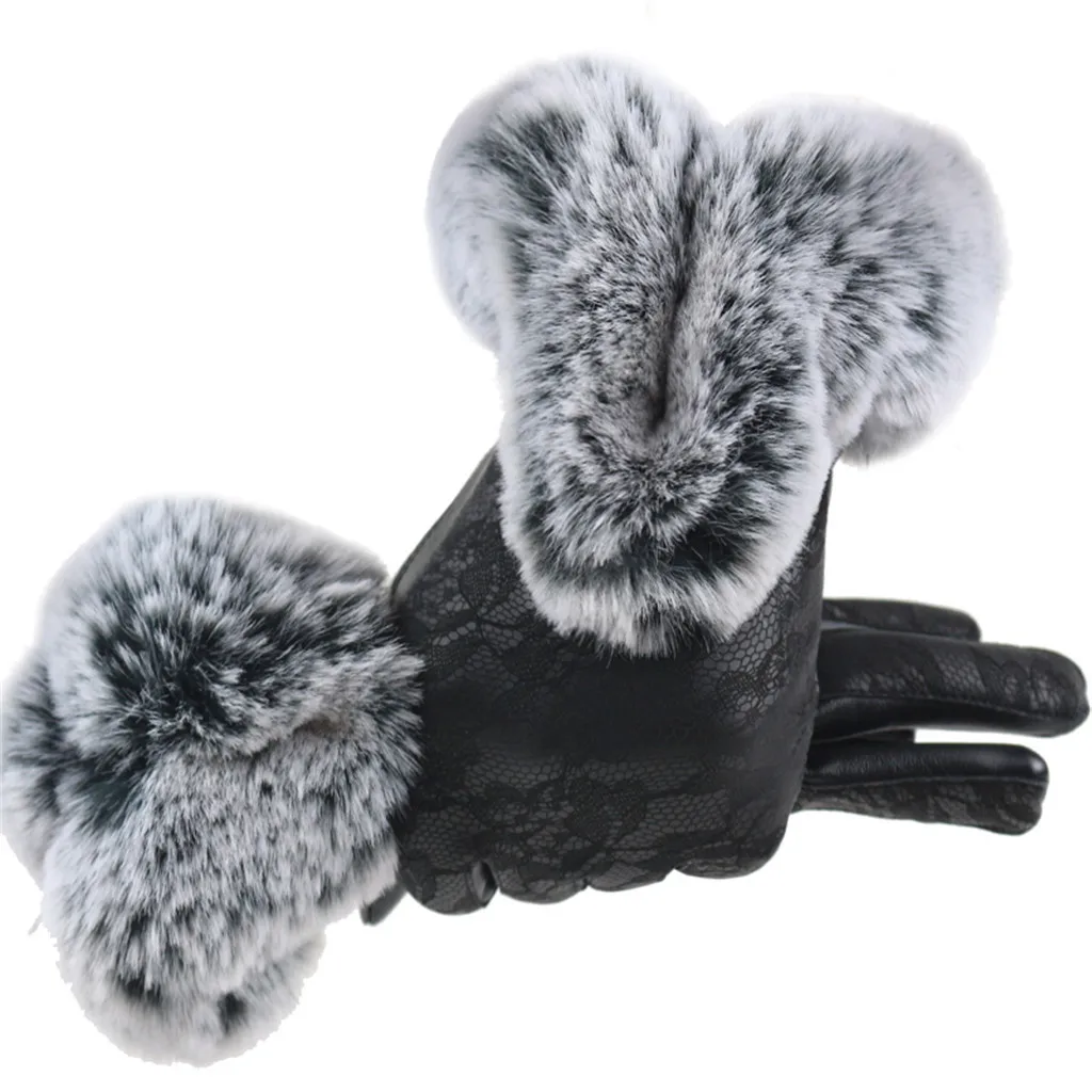 Женские черные кожаные перчатки, зимние Бархатные кружевные перчатки для езды на велосипеде, перчатки для бега, уличные спортивные утолщенные теплые перчатки# BL5