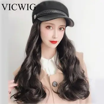 

VICWIG Navy Hat Wig Natural Black / Brown Synthetic Curly Wave Wigs Naturally Connect Hat Wig For women Daily Party