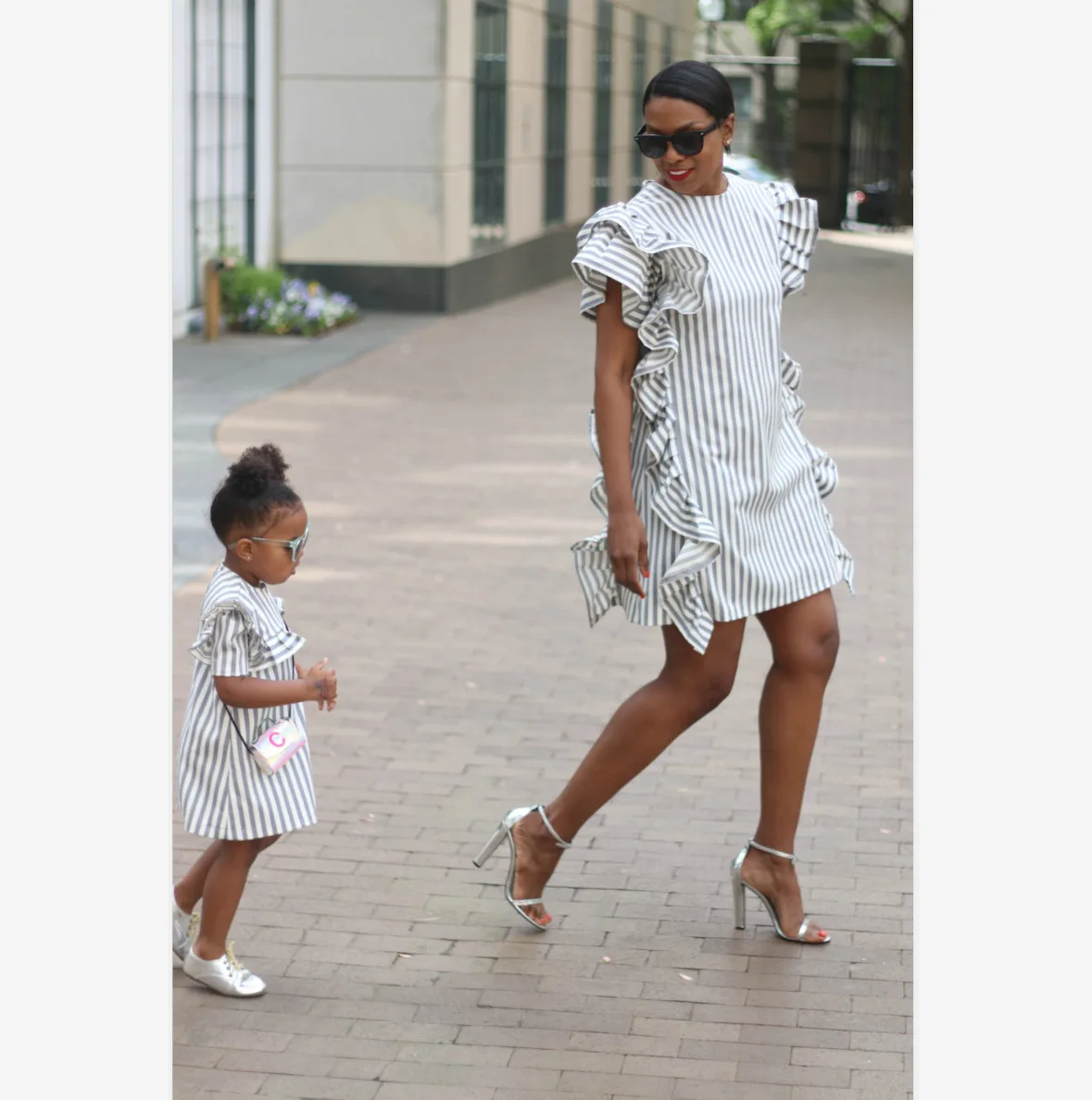 Family Matching Flower-Dress Girl Kids Women Mom Casual Long-Sleeve Striped