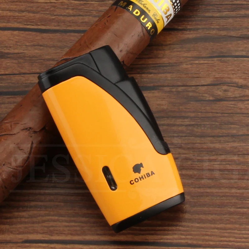 COHIBA бутан Зажигалки для сигар ветрозащитный струйный фонарь Зажигалка Газ заправка металлический карман Синий Пламя прикуриватель W/сигары удар - Цвет: YELLOW