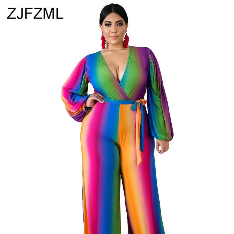 

Rainbow Striped Plus Size Jumpsuits Women Deep V Neck Long Sleeve Belt Party Romper 2019 Fall Winter Elegant Wide Leg Jumpsuit