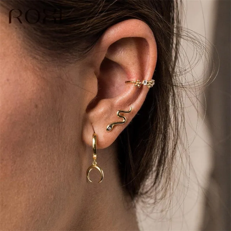 ROXI, серьги в стиле панк со змеей, 925 пробы, серебряные, с подвеской в виде змеи, серьги-гвоздики для женщин, животный альпинист, ювелирное изделие для ушей