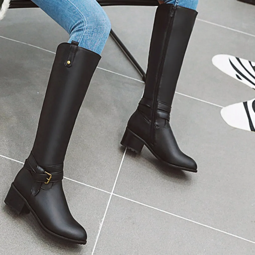 

Spring And Autumn Knee-High Long Boots Leather Woman shoes Round Head Boots Large Size Women's Long Barrel Shoes cbotas feminina