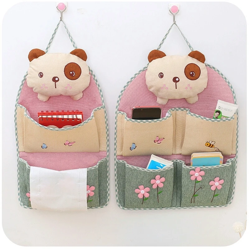 

Multi-pocket Design Cute Bear Hanging Storage Bag Cotton Linen Sundries Storage Organizer 1PC