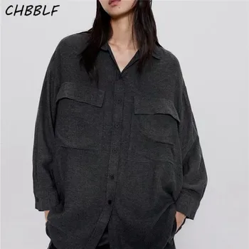 

CHBBLF women casual loose normcore blouse turn-down collar long sleeve single breasted double pockets shirt A9493