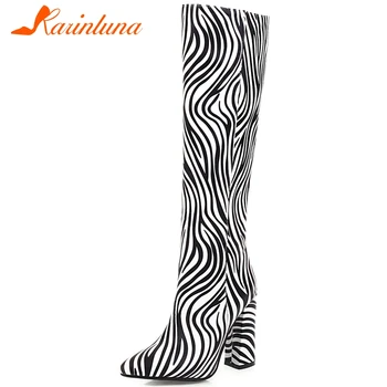 

Karinluna 2020 Fashion New High Quality Square Heels Shoes Woman Boots Female Pointed Toe Slip-On Knee-High Boots Women Shoes
