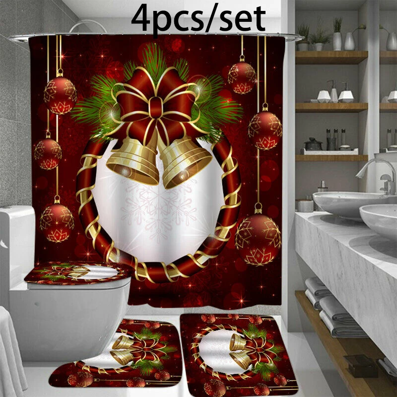4pcs Red Bells 2 3 шт/4 шт Рождественские Нескользящие Чехлы для унитаза, Набор ковриков для ванной комнаты, занавески для душа, коврики для унитаза, накладки для унитаза, Navidad Natal - Цвет: 4pcs Red Bells 2