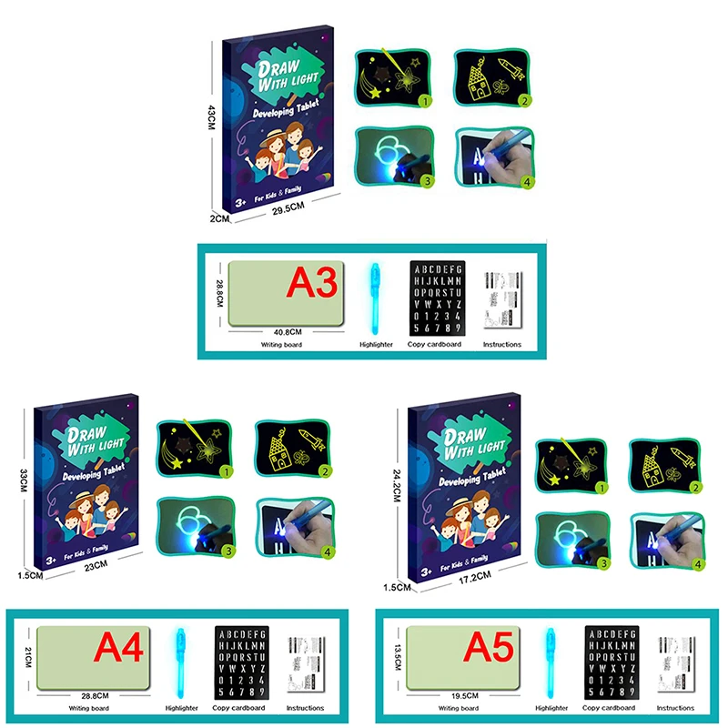 1 шт., A3, A4, A5 светодиодный светящийся картон для рисования граффити, планшет для рисования, волшебное рисование, светильник-забавная флуоресцентная ручка, обучающая игрушка