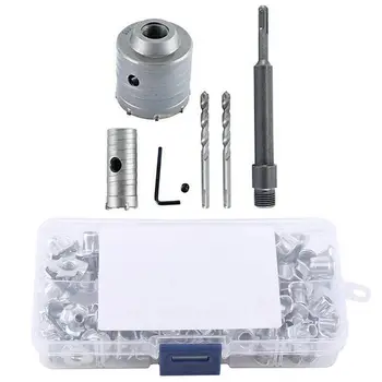 

90Pcs Four Pronged T Nuts Blind Inserts Nut with 65mm+30mm SDS Plus Shank Hole Saw Cutter Silver Drill Bit Stone Wall