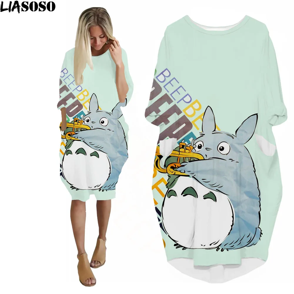 LIASOSO Anime Totoro Dress 3D Printing Girls Street Interesting Fashion Trend Wild Loose Long Sleeve Over The Knee Dress Womens