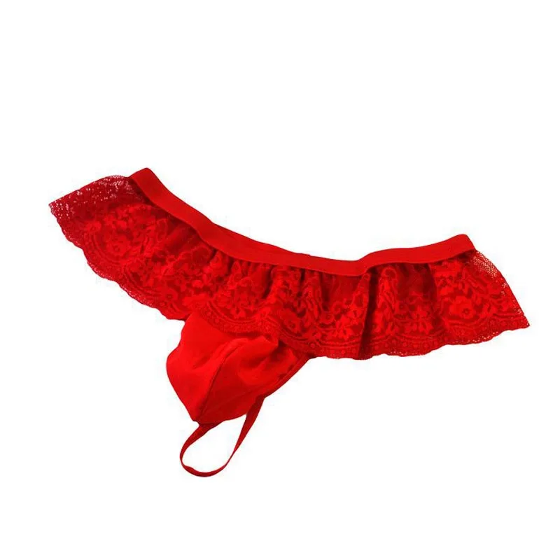 Мужские Кружевные Трусики-бикини-стринги с кружевной юбкой и мешочком, эротическое нижнее белье для мужчин