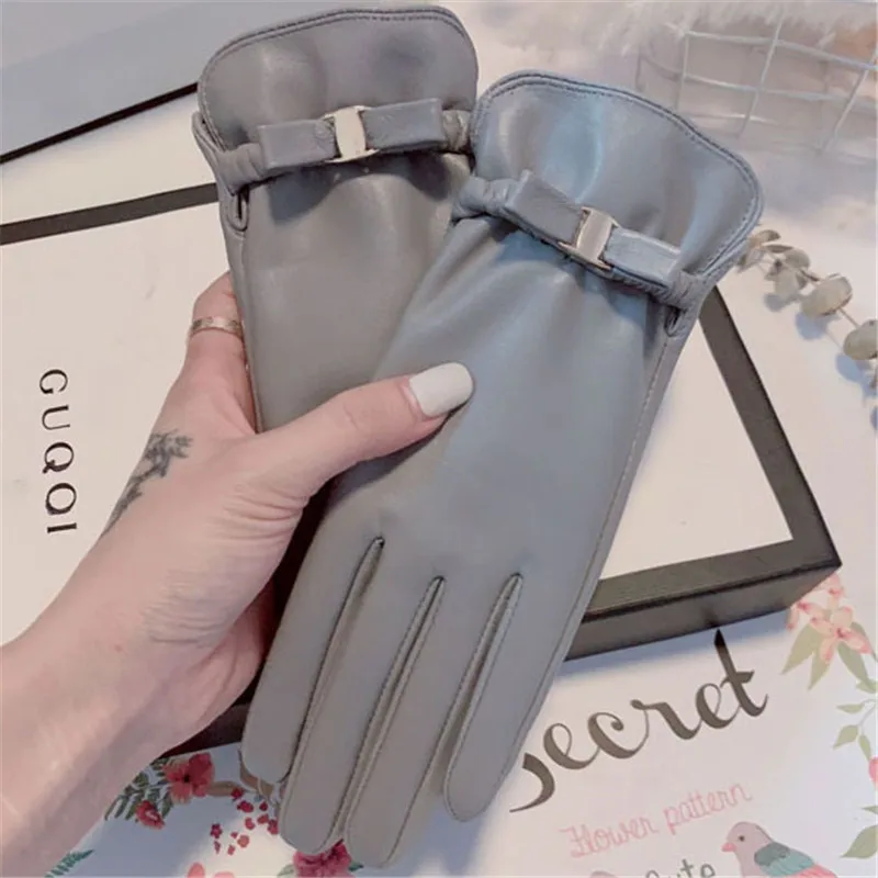 B Style Grey Женские перчатки из овечьей кожи на осень и зиму с милым бантиком и тепловым бархатом для вождения, перчатки из натуральной кожи 1205 - Цвет: B Style Grey