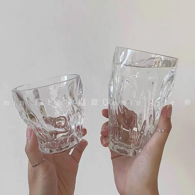 Ins Style Textured Glass Twist Cup Thickened Irregular Water Cup Juice  Breakfast Cup Embossed Milk Cup Drinking Utensil Cute