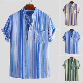 

Summer Brand Shirts Men Short Sleeve Multicolor Striped Button Stand Collar Vintage Men Henley Shirt Breathable Pullovers 2020