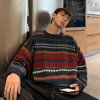 

2019 Autumn And Winter Striped Jacquard Sweater Round Neck Color National Style Couple Fashion Casual Pullover Gray / Navy Blue