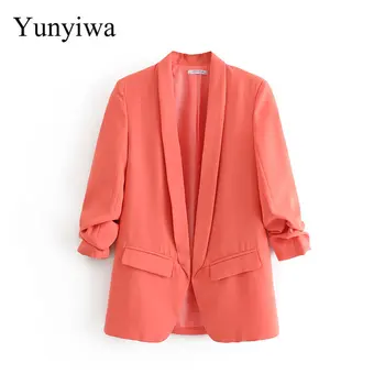 

2020 New Women Elegant Crimping Three Quarter Sleeve Casual Blazer Candy Colors Open Stitch Female Stylish Outwear Coats