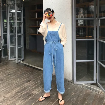 

Jumpsuits Women Summer Leisure Strap Trousers Loose Straight Womens Denim Jumpsuit Students Chic All-match Korean Ladies Elegant