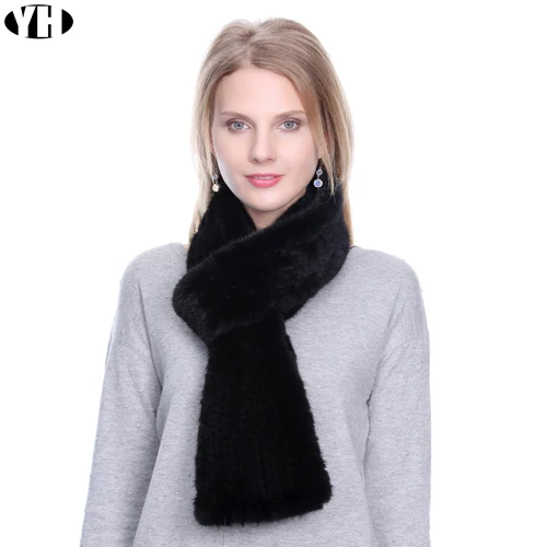 Женский меховой шарф длинный стильный женский зимний глушитель вязаный натуральный норковый шерстяной шарф брендовые меховые шарфы - Цвет: black