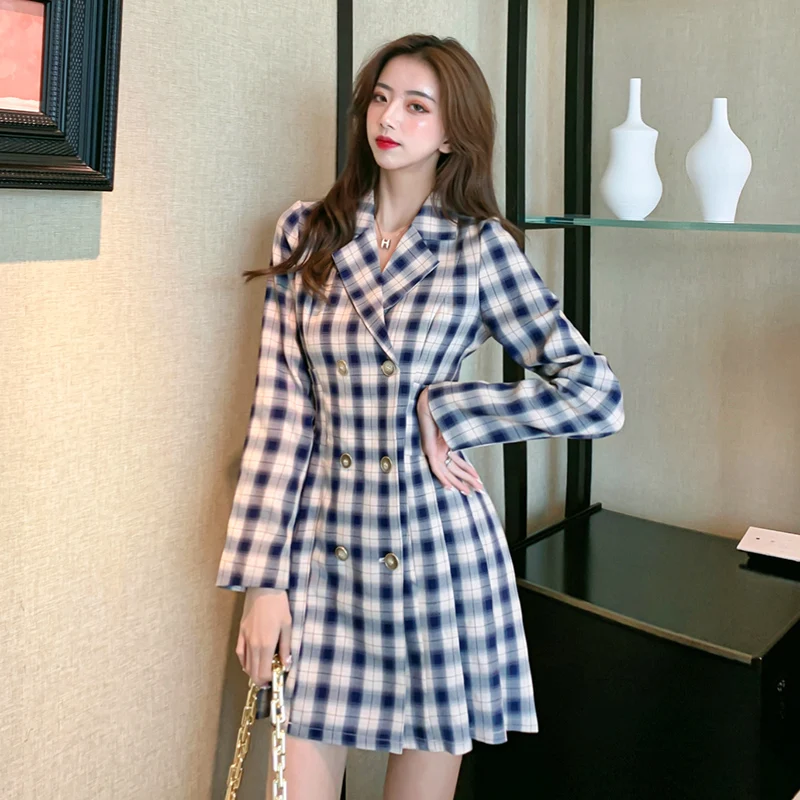 

Vintage Elegant Plaid Blazer Dress Women 2020 Autumn Winter Notched Collar Double Breasted Vogue Mini Slim Party Suit Dresses