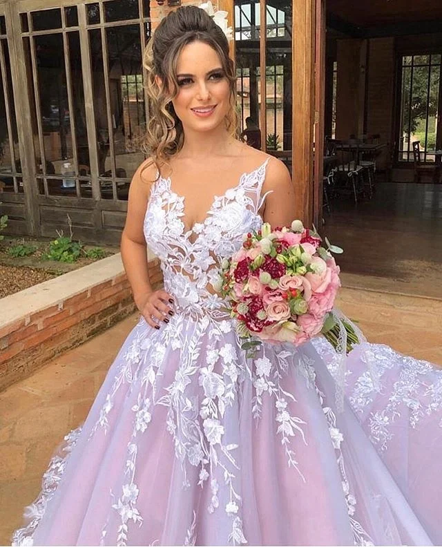 Luxury-Purple-Spaghetti-Sleeveless-Lace-Ball-Gown