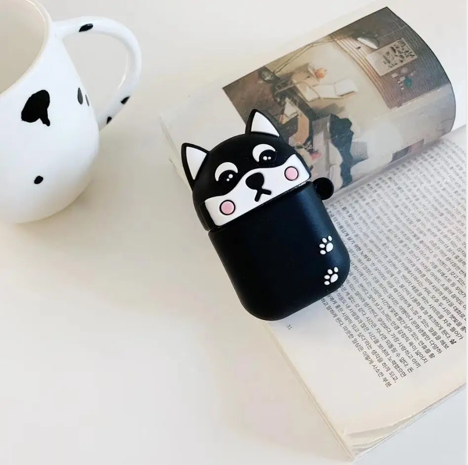 Милый силиконовый чехол для наушников с 3D чашкой Шиба-ину и собакой Шиба-ину Хаски для Apple AirPods, беспроводная bluetooth-гарнитура - Цвет: Black Dog