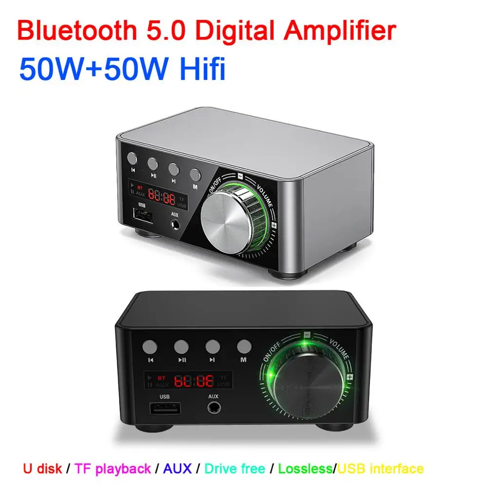 

Bluetooth 5.0 HiFi Power Amplifier Class D TPA3116 50W+50W Digital Amp Stereo audio LED display U disk TF MP3 player AUX USB