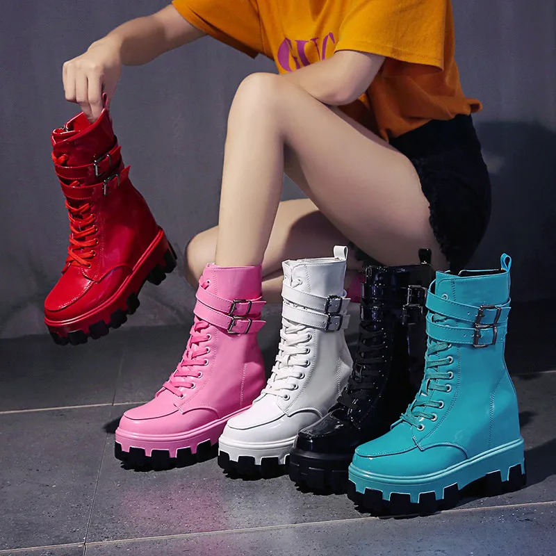 

2020 Spring Autumn High Heels Boots Women's Mid-Calf Boots Fashion Candy Color Patent Leather Girl Shoes Woman Ankle Boots Shoes