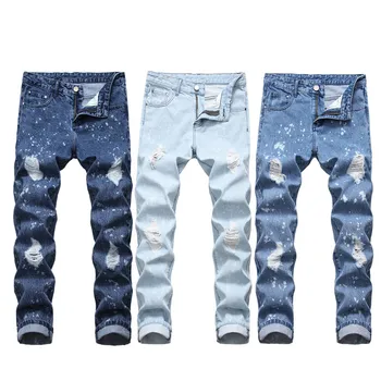 

Color: Dark Blue Light Blue Medium Blue Jeans Men 2019 New Men's Straight Hole Jeans Men's Slim Denim Trousers