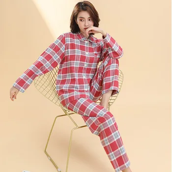 

Loves Bielizna Nocna Autumn and Winter New Red Plaid Couple Flannel Thickened Pajamas Suit Two-piece Set Long Sleeve Sleepwear