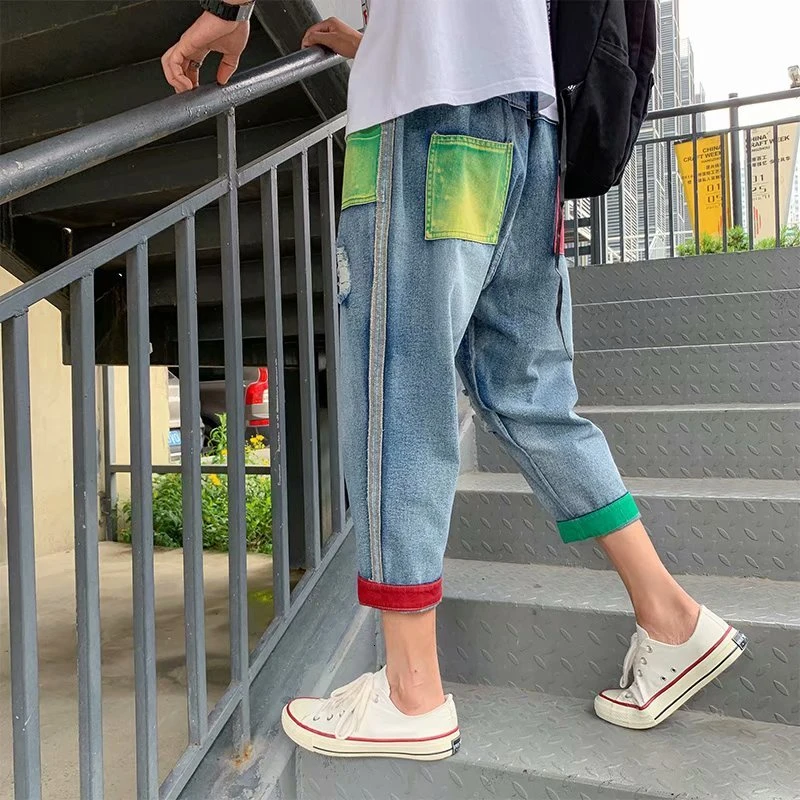 different color patch jeans