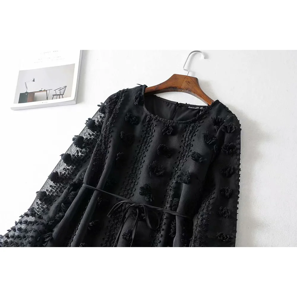 Сексуальные Платья женские черные Осень Зима с длинным рукавом Boho A Line Ruffle вечерние платья с поясом галстук Vestidos модное платье D