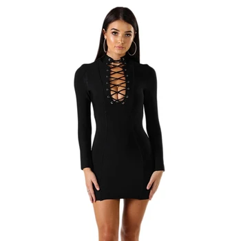 

LEGER BABE Black Yellow Red Party Bandage Dress Autumn Long Sleeve Women Party Dress Sexy Lace Up Bodycon Mini Vestidos