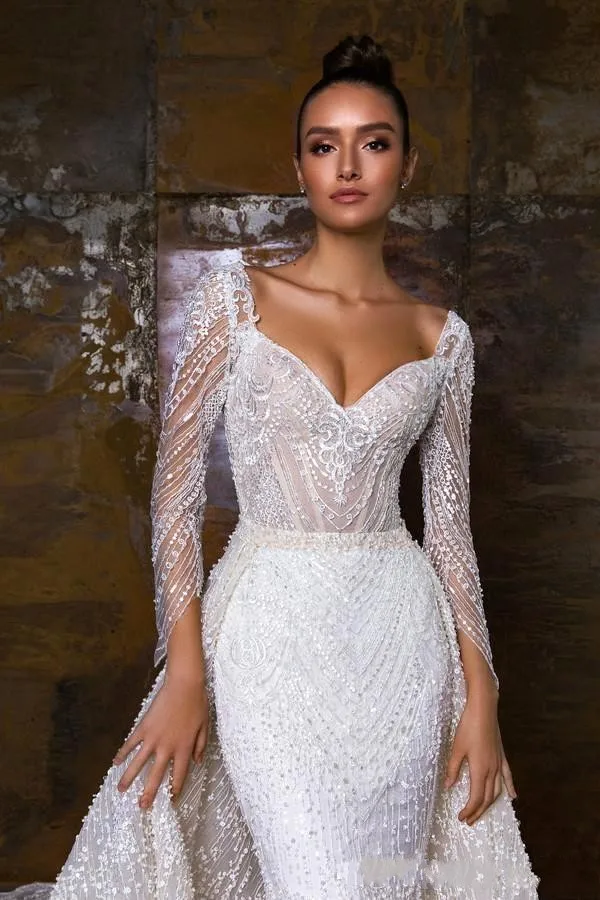 Vestidos De Novia, Милое Свадебное платье русалки, сексуальное, с бисером, с длинным рукавом, свадебные платья, съемная юбка