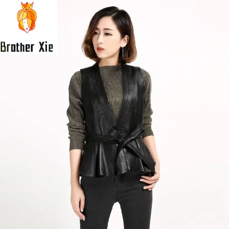 

Spring New Sheepskin Real Leather Vest Slim Waist Genuine Leather Fashion Short Sashes Bow Ruched Sleeves Solid Black Jackets