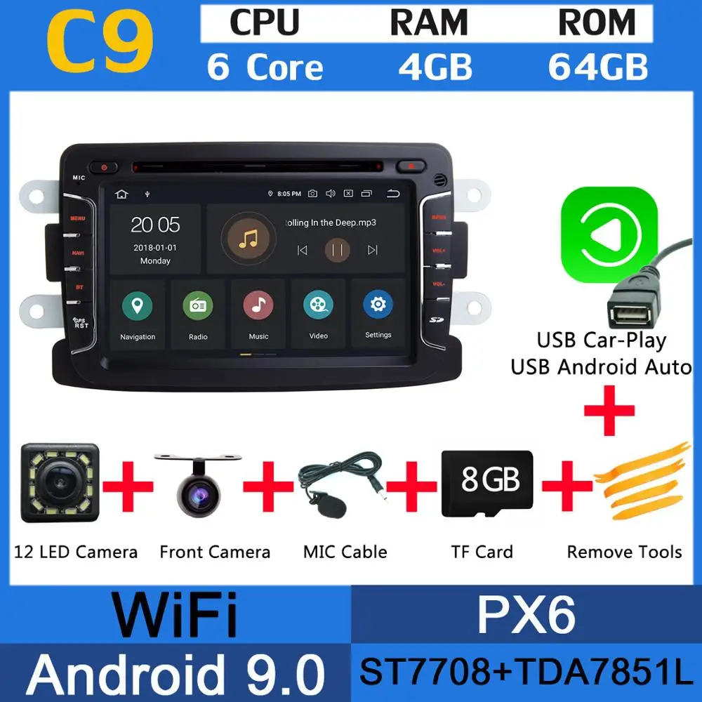 Android 9,0 PX6 4G+ 64G Автомобильный мультимедиа для Dacia Sandero Duster Renault Captur Lada Xray 2 Logan GSP радио головное устройство DSP CarPlay - Цвет: PX6 USB CarPlay