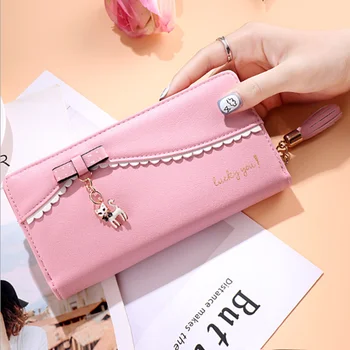 

Fashion Women's Wallet New Korea Sweet Long Wallet Bow Lady Kitten Pendant Wallet Solid Card Holder Women Clutch Handbag Bag