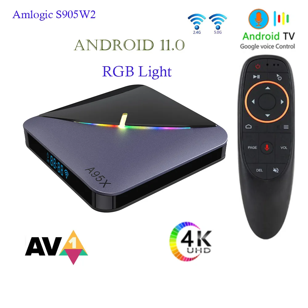 ТВ-бокс A95X F3 Air II Smart TV Box Android 11.0 Amlogic S905W2 с подсветкой RGB Двойной медиаплеер Wi-Fi 4 ГБ 64