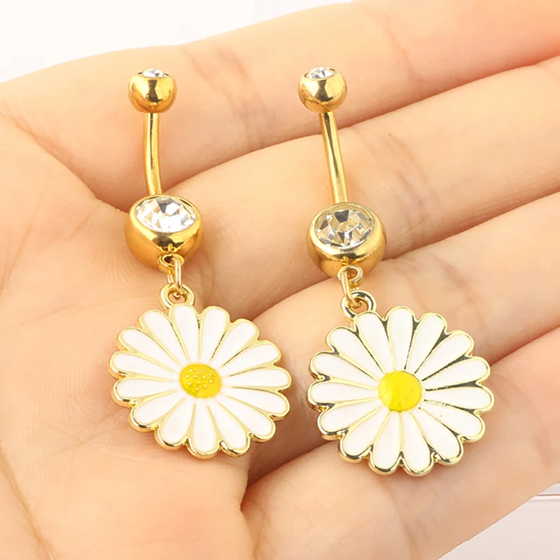 

Sexy Gold Dangle Belly Bars Belly Button Rings Fashion Surgical Steel Flower Body Jewelry Navel Piercing Rings