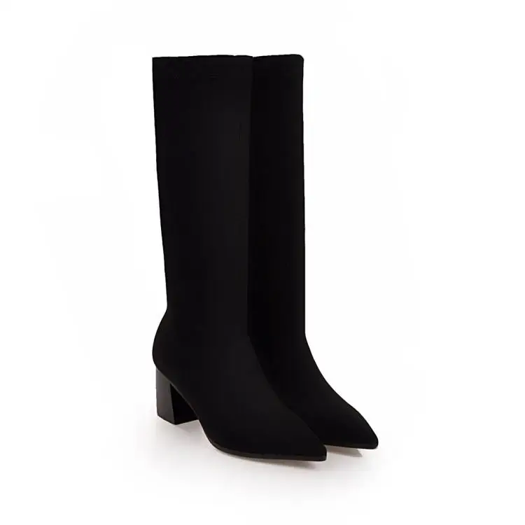 

2019 Women Boots Fashion Shoes Ladies Warm Winter Boots Women's Boots Mid-Calf Slip-On Pointed Toe Square Heel Women's Boots