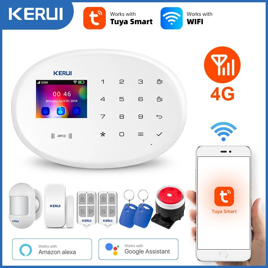 sound alarm device KERUI Tuya WIFI GSM 4G Smart Home Security Alarm System RFID APP Wireless Siren Sensor Detector IP Camera Sistema de alarmas security led lights