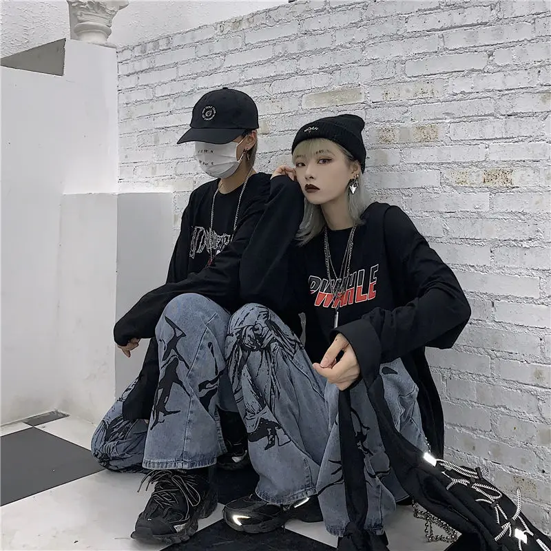 jeans pant Harajuku Women Jeans Pants Streetwear Printed Hippie Denim Pant  Korean Wide Leg Pants Vintage Loose Trousers Streetwear Woman ripped jeans