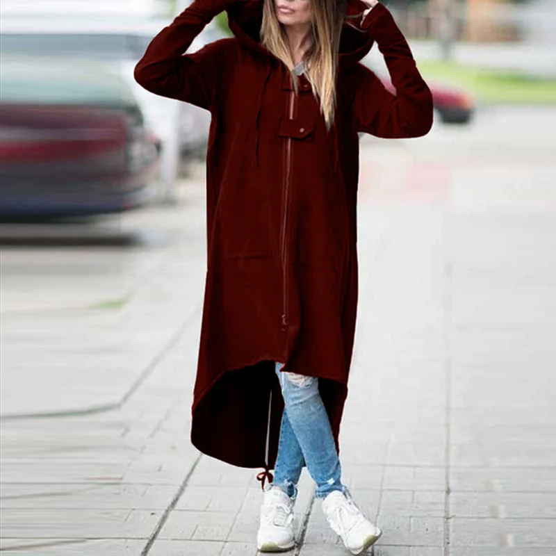 

Europe Style Ladies Autumn Long-sleeved Warm Cotton Sweater Hooded Jacket Zipper Windbreaker SolidColor Large Size Long Coat 5XL