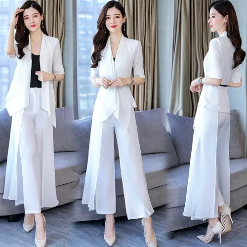 

Fashion WOMEN'S Suit 2019 Summer New Style Chiffon Capri High Slit Loose Pants Two-Piece Set Business WOMEN'S Dress Fashion