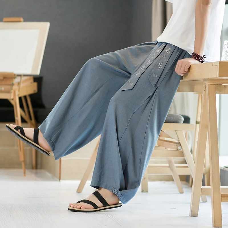 Men Cotton Linen Wide Leg Pants Summer Harajuku Male Streetwear Harem Pants Man Chinese Style Hanfu Kongfu Trousers Skirt 31121
